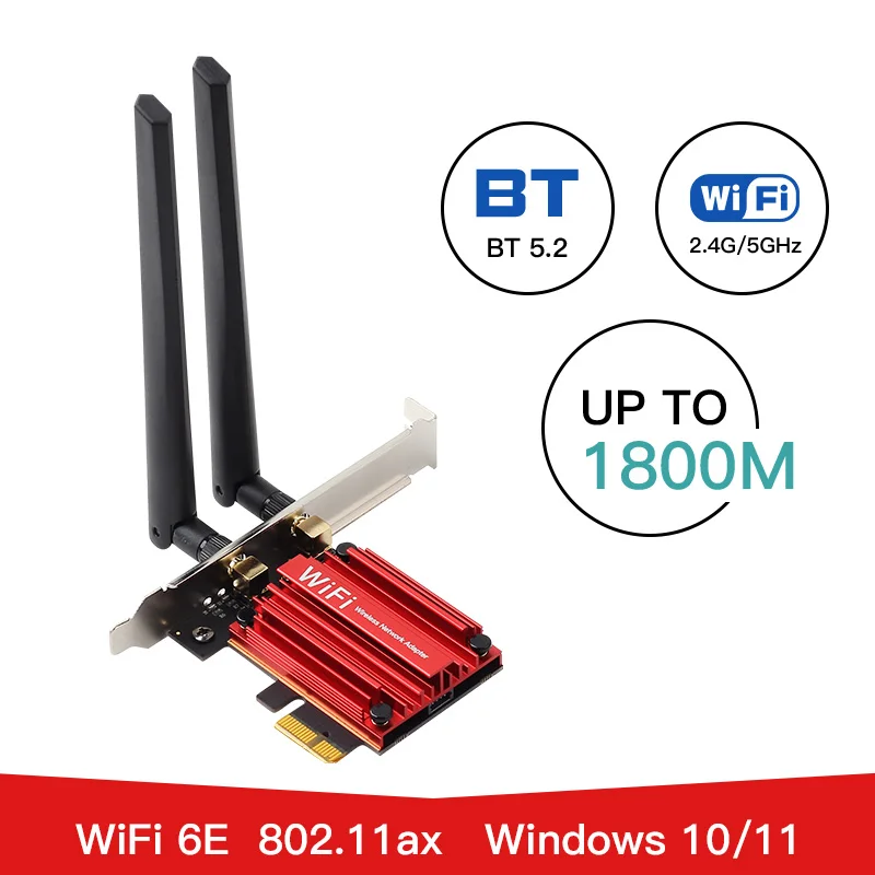 

Dual Band 1800Mbps WiFi 6 Adapter PCI-E Network Card Wi-Fi 6E Wireless Bluetooth 5.2 MU-MIMO 2.4G/5Ghz For PC Windows 10/11