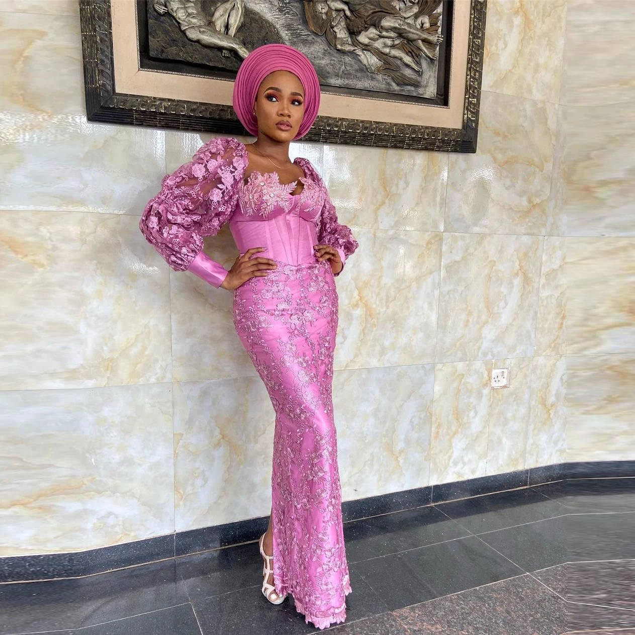 

Elegant Pink Formal Evening Dresses Beads Appliques vestido de fiesta Prom Dress Long Puff Sleeve Illusion robe de soire
