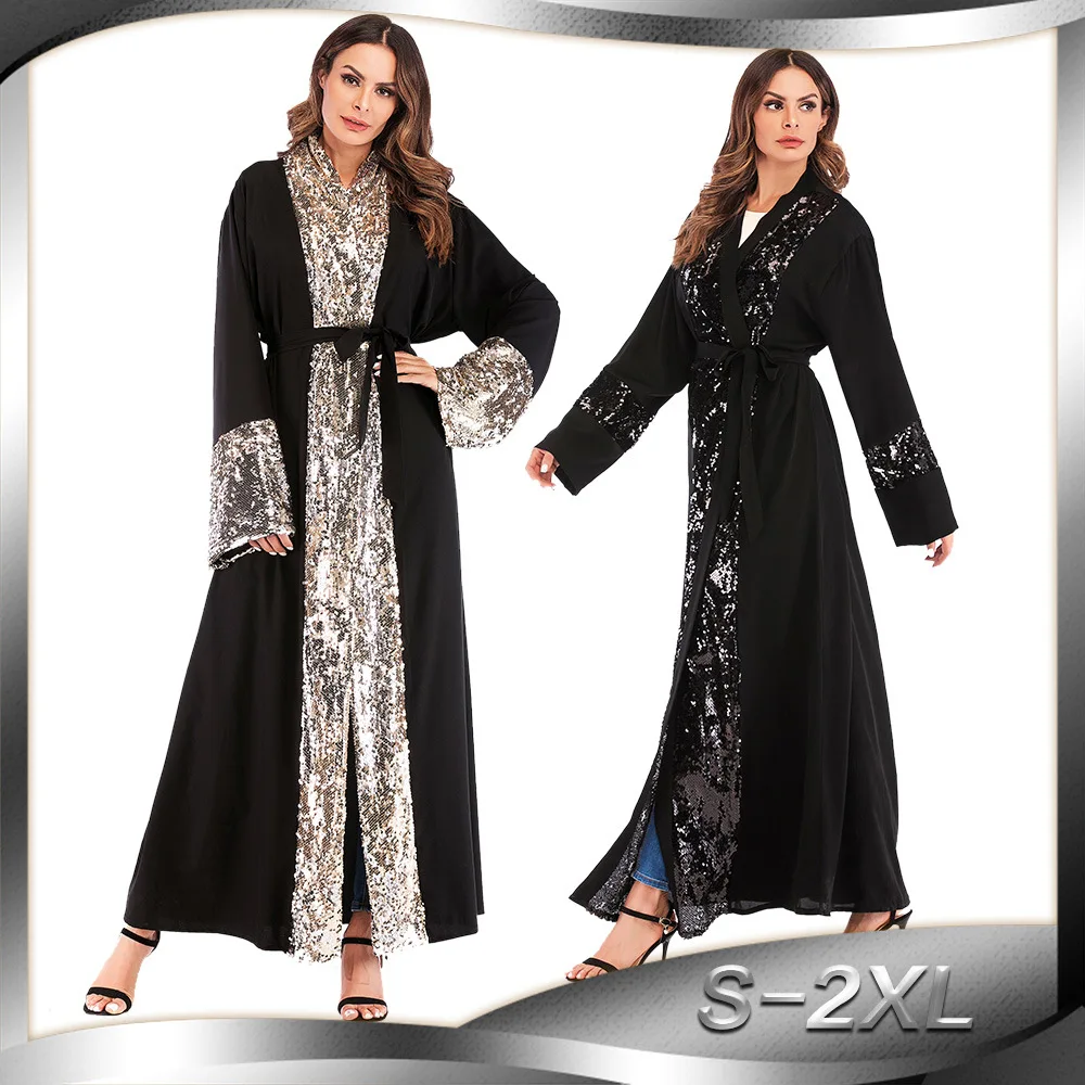 

Donsignet Muslim Dress Muslim Fashion Middle East Eid Duabi Abaya Turkey Robe Sequin Stitched Cardigan Women Fashion Robe Belt