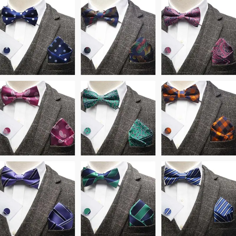 YISHLINE набор 3 мужской галстук бабочка и платок запонки в полоску Цветочный Узор