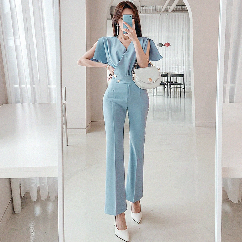 

New arrival women high quality temperament fashion two piece suit Office Lady slim batwing sleeve Crop Top+Long pant suits