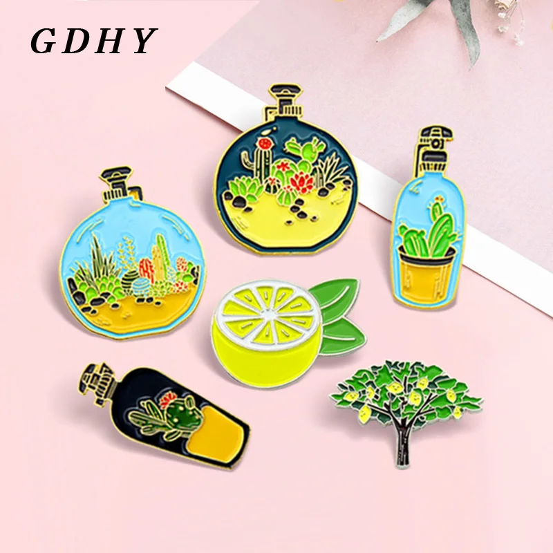 GDHY Cute Yellow Lemon Cactus Plant Brooch Lemon tree Fruit Botany Potted Perfume bottle Enamel Pins badge Brooches Jewelry Kids