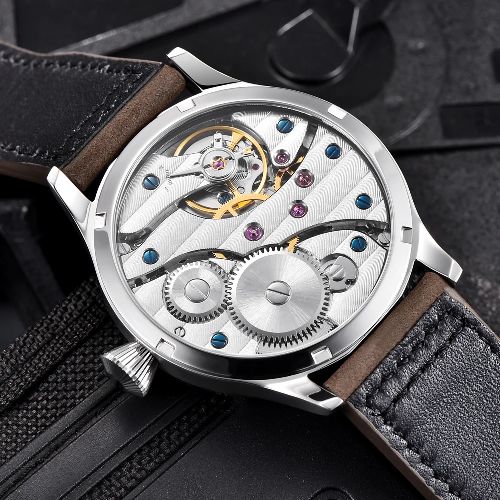 

44MM Corgeut Fashion Leather Top Luminous ST3600 Seagull 6497 Hand Winding movement Mens Sport Steel case Mechanical Wrist watch