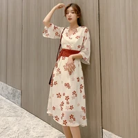 women long apricot chiffon floral dress summer runway elegant korean party dress boho vintage tropical beach vacation dresses