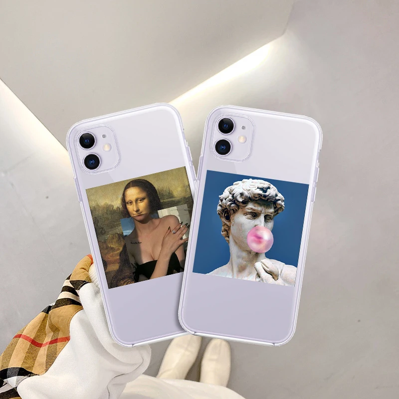 

Fashion Spoof Mona Lisa David Van Gogh Soft TPU Phone Case For iPhone 11 12 Pro Max X Xr 6S 7 8 Plus SE2020 Starry sky Art Cover