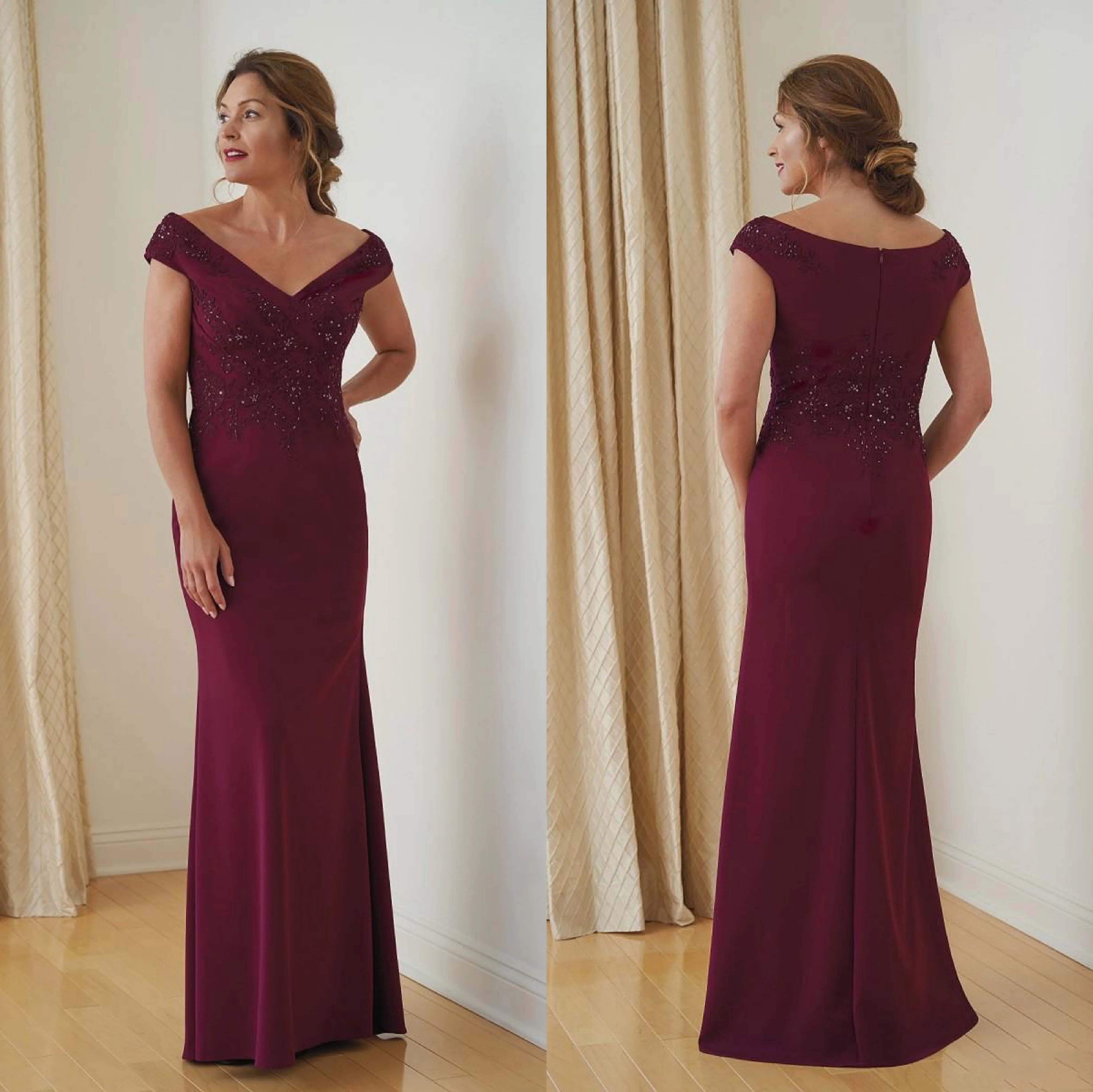 New Burgundy Mother of the Bride Dresses Mermaid Boat Neck Beaded Lace Formal Wedding Banquet Party Guest Mother Evening Dresses