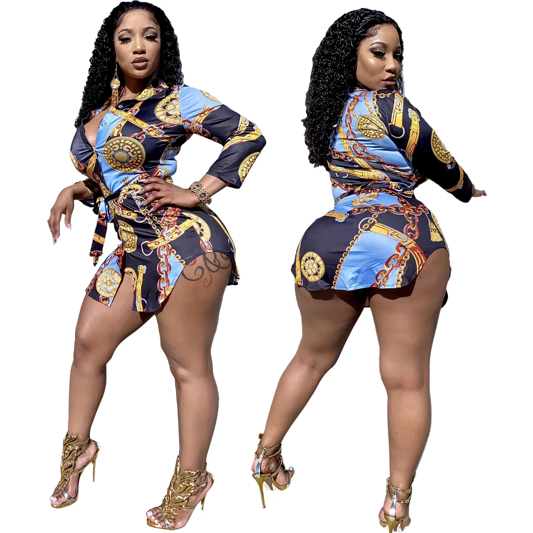 

Women's Floral Print T-Shirt Dress - Button Down Long Sleeve Collar Loose Blouse Tops Mini Dress