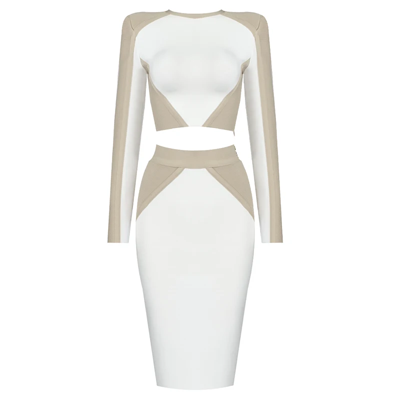 

2021 Winter High Quality Sexy Long Sleeves 2 Pieces Set White Bodycon Top Skirts Women O Neck Khaki Set