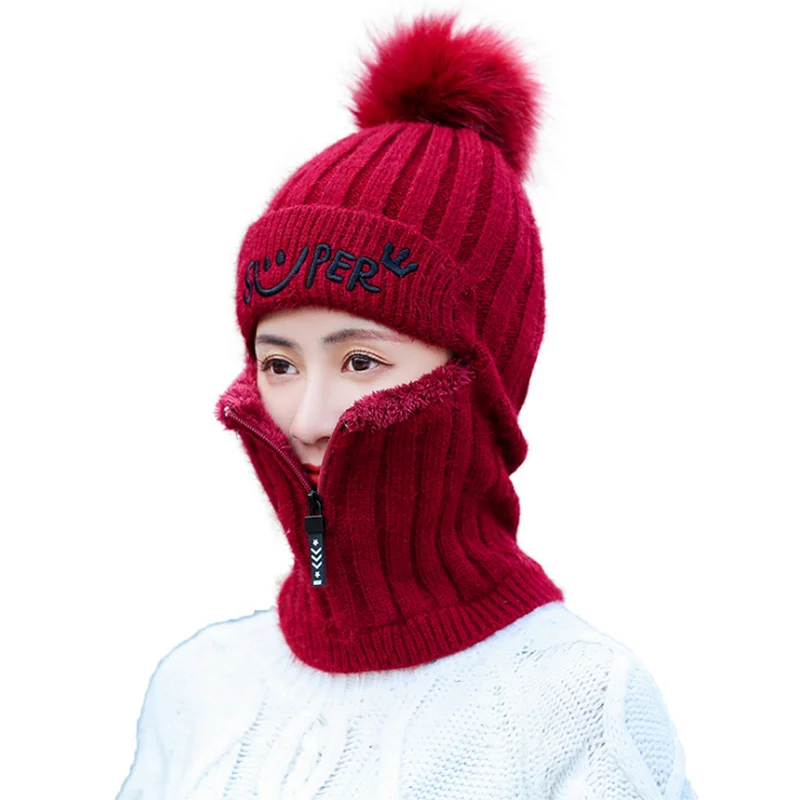 

Winter Women Knitted Hats Add Fur Lined Warm Winter Hats For Women With Zipper Keep Face Warmer Balaclava Pompoms Cap