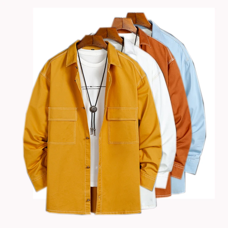 

Mens Casual Shirt Brand Korean 100% Cotton Loose Solid Thick for Spring Autumn Turndown Collar Broadcloth 2 Pockets A08270957