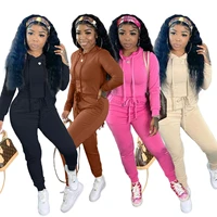casual women tracksuit two piece set solid color drawstring hooded shirt and long pants sportsuit maching suit clothes for women