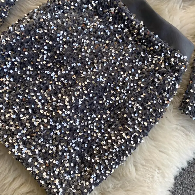 

Spring Sexy Sequin Two Piece Set Women Crop Top Elegant Turn-Down Collar Single Breasted Short Tops + Mini Skirt Party Suit New