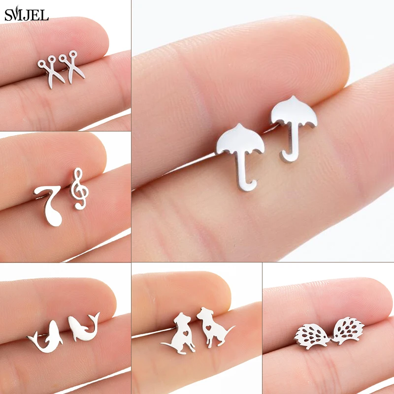 

2021 Mini Stainless Steel Trend Umbrella Shape Earrings Fashion Scorpio Music Shark Hedgehog Ear Studs Dog Jewelry Pendientes