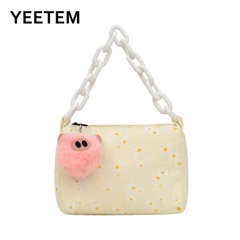 

Daisy Small Tote Ladies' Underarm Bag Zipper Half Moon Bags Embossed Flower Cloth Chain Purse Summer Women Mini Canvas Handbag