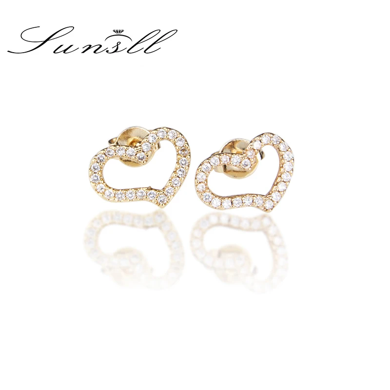 Женские серьги гвоздики в форме сердца SUNSLL золотистые/медные с белым кубическим