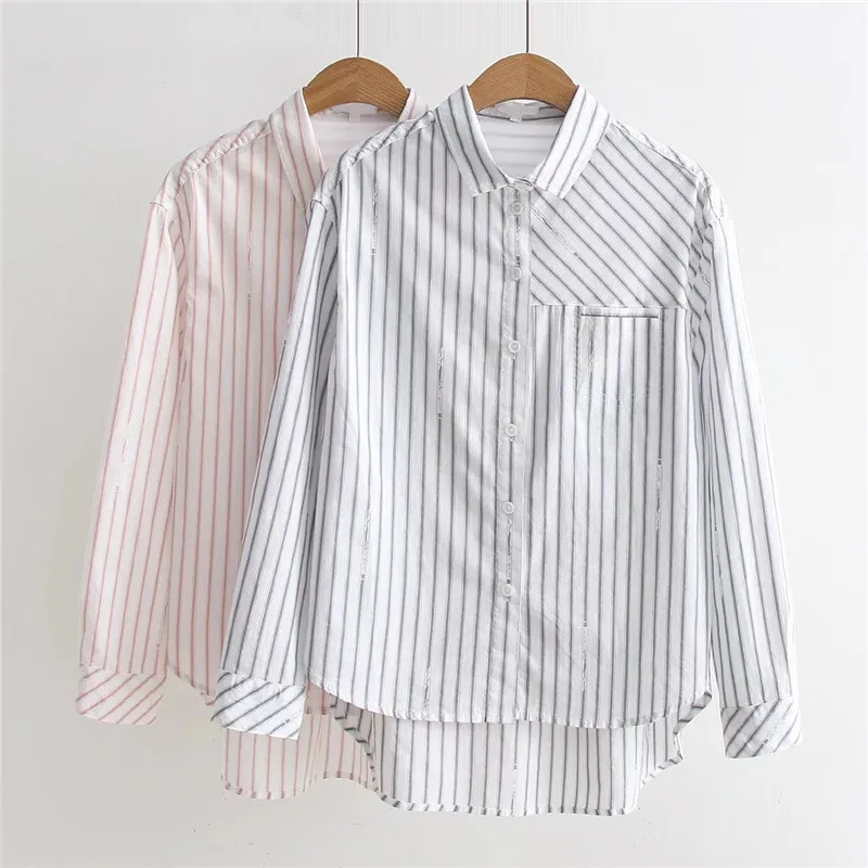 Женская рубашка в полоску GOPLUS хлопковая блузка с длинным рукавом и подолом