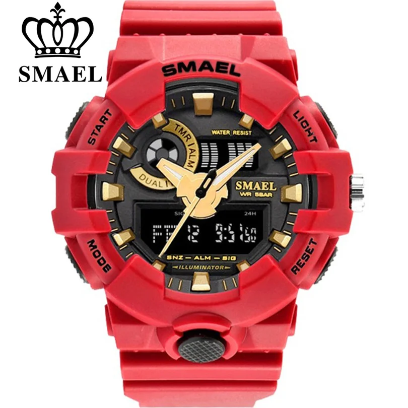 Мужские часы красный стиль новые спортивные smael брендовые кварцевые 50 метров