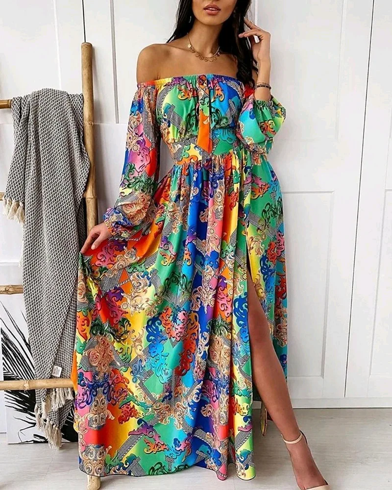 

2021 Summer Evening Dress Print Dress V-neck Pullover Retro Long-sleeved Large Slit Dress Go Out Dress