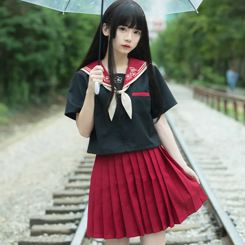 student sweet lolita sets College jk uniform sailor collar embroidery top+skrit kawaii girl gothic loli cos | Тематическая одежда