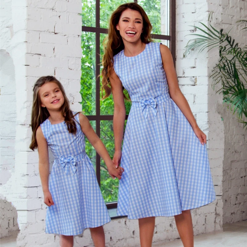 

New Family Matching Dresses Mother Daughter Clothes Skyblue Bowknot Suspender Sleeveless Dress Women Girls Summer Cool Dresses