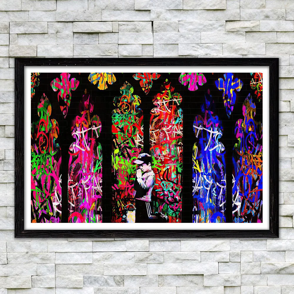 

Banksy Boy Praying Graffiti Posters And Prints Street Wall Art Abstract Colourful Church Canvas Painting For Living Room Decor