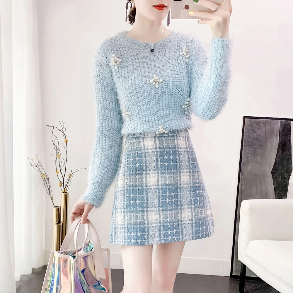

new winter skirt fashion suits long-sleeved sweater grid skirts two-piece outfit women knitwear top pullover clothing set SALE
