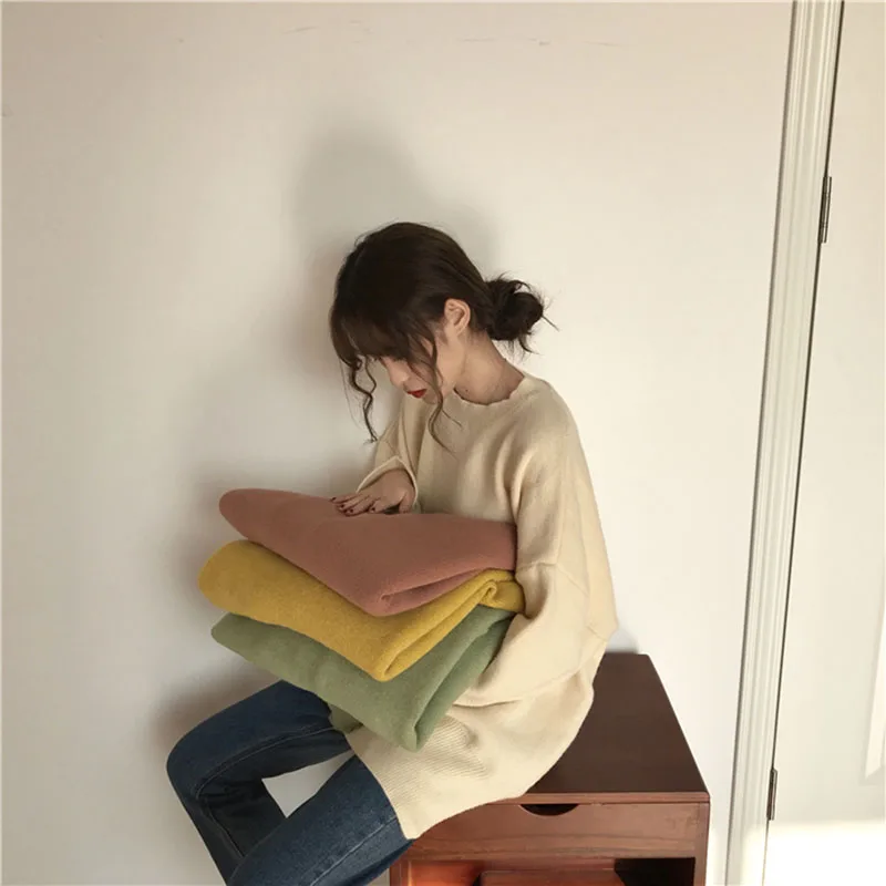 Женский теплый зимний свитер корейские свободные вязаные пуловеры милый