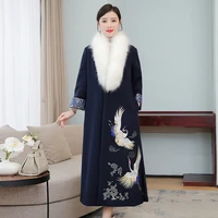 winter chinese style improved cheongsam women clothing v neck wool blends formal ladies long coat for middle aged mother