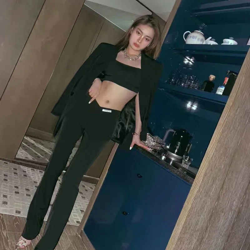 

[DEAT] Solid Black Full Length V Trousers Casual High Waist Trousers Korean Fashion Y2k Trousers Female 2021 Spring GX683