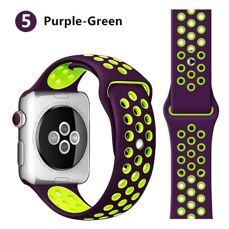 purple green 5 Ремешок для apple watch band 44 мм 40 мм apple watch 5 4 3 2 iwatch band 42 мм 38 мм спортивный силиконовый браслет correa аксессуары для часов - Цвет ремешка: purple green 5
