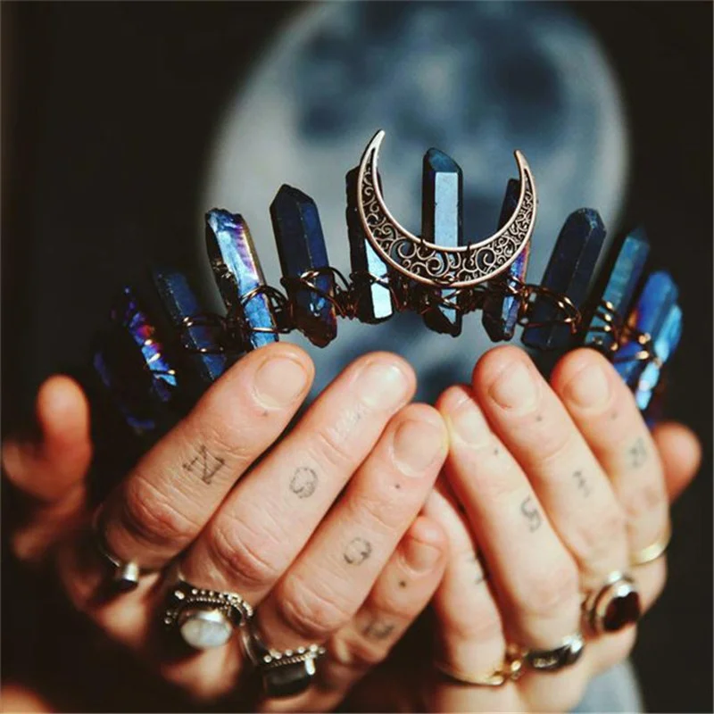 

Rainbow Princess Moon Crystal Crown Headpiece, Raw Crystal Quartz Point Crown Tiara,Crystal Mermaid Headband