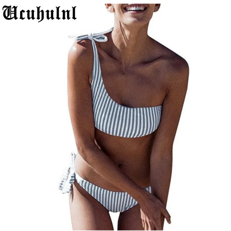 

2021 Women Striped Bikinis Set Summer Swimwear One Shoulder Bandage Pushed Up Paded Bikinis Swimsuits Real Photo