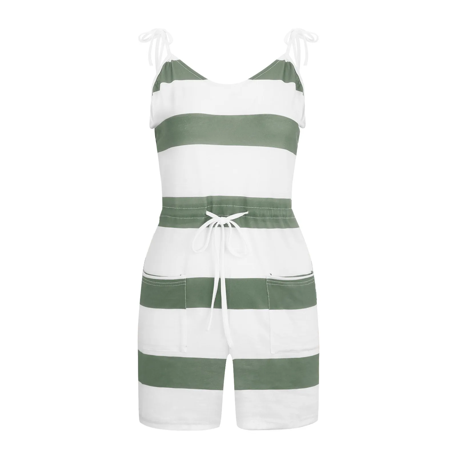 

Women Rompers Drawstring Summer Playsuits Casual Solid V Neck With Pockets Loose Jumpsuit With Pockets Beach Overalls Playsuits