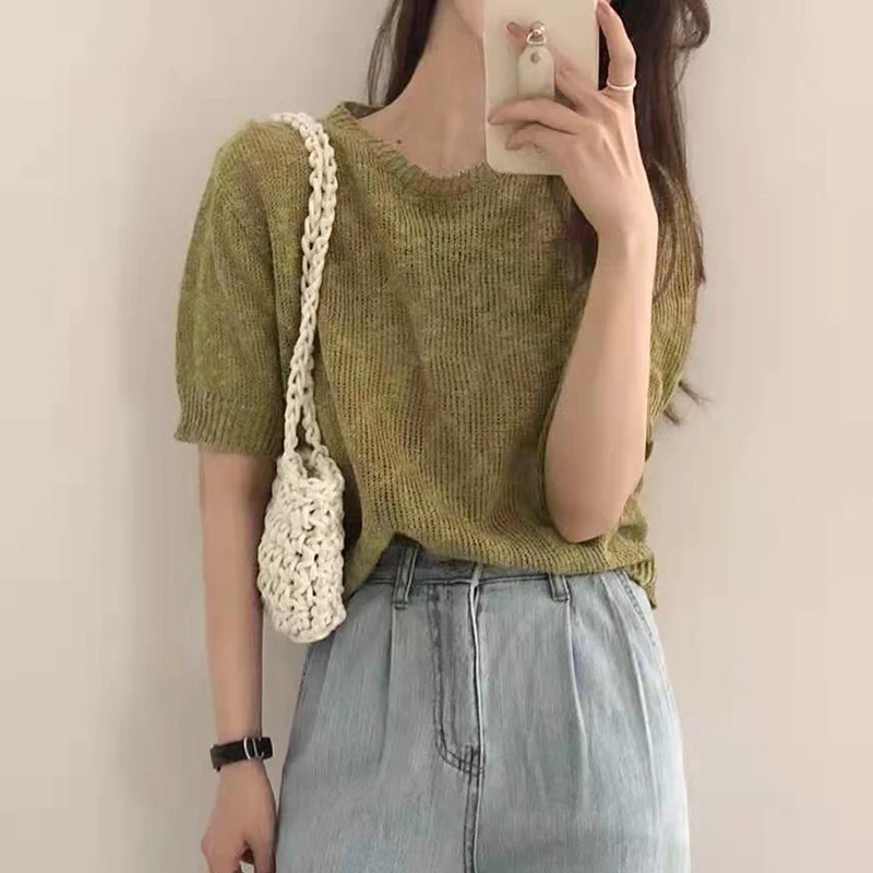 

Korea Chic Summer Simple Wild Round Neck Pullover Loose Casual Thin Section Solid Color Short-Sleeved Sweater Top Women