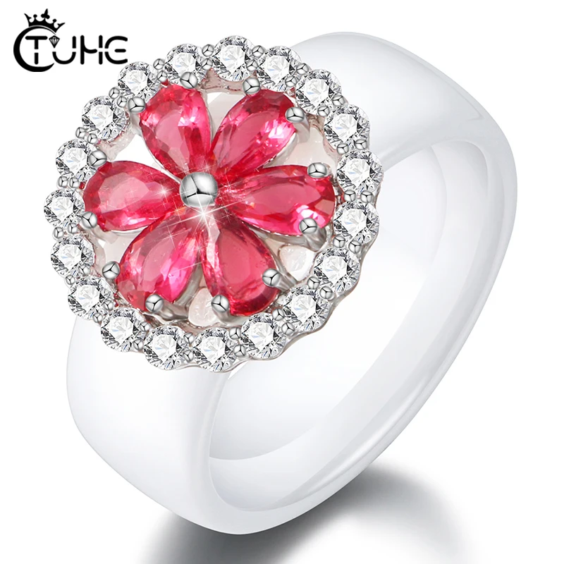 AAA кубический циркон женские кольца романтический розовый цветок черный белый 8