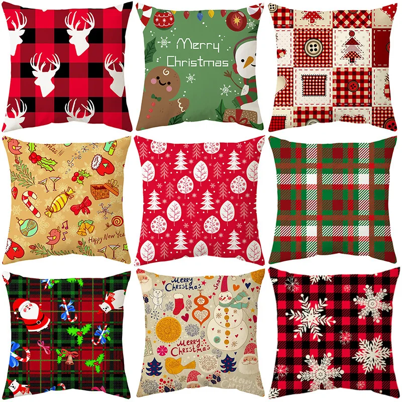 

2021 New Red Lattice Cartoon Christmas Tree Santa Snowflake Living Room Sofa Pillow Cover Simple Decoration Modern Cushion Cover