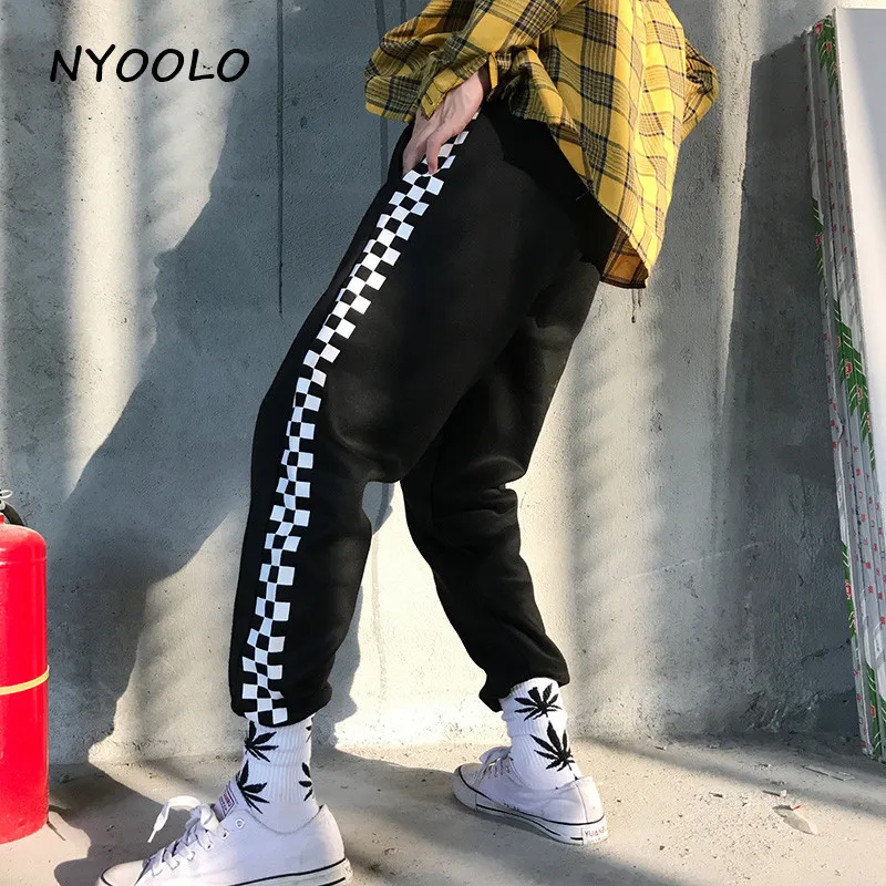 NYOOLO Harajuku уличная одежда в клетку с принтом хип-хоп штаны для бега осень зима эластичный пояс плюс бархатные теплые спортивные штаны для женщин и мужчин
