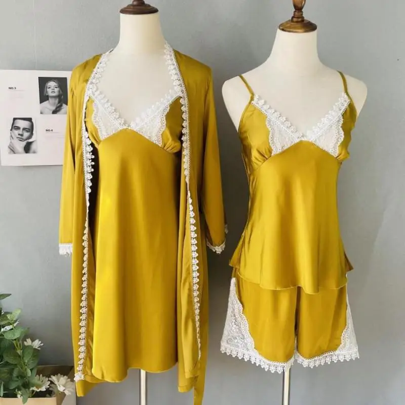 

New Sexy Patchwork Lace 4pcs Pajamas Set Summer Kimono Bathrobe Gown Soft Satin Sleepwear Lingerie Loose Wedding Robe Homewear