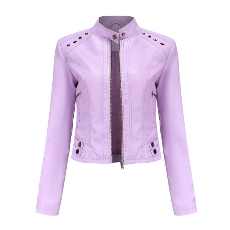 

Fashion New 2021 Short PU Leather Jacket Women Rivet Spring Autumn Women's Coat Long Sleeve Slim Casual Jacket Stand Collar