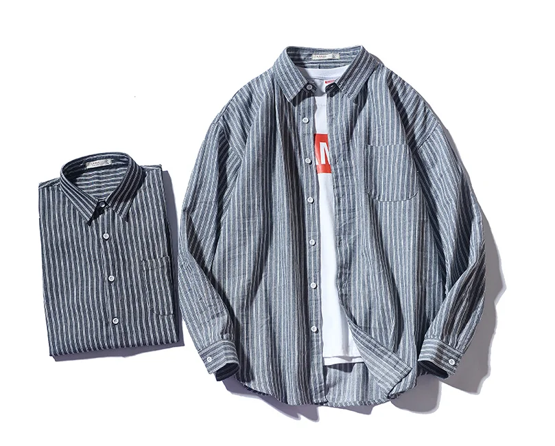 

Autumn Men Striped Shirt Harajuku Lapel Long Sleeve Button Pocket Camisas Hombre Chic Streetwear 2021 Brand Casual Shirts