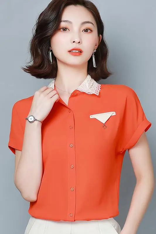 

Houthion New Short-sleeved Blouse Lapel Tops Comfortable Fashion Blouses Korean Chiffon Leisure Summer Pure Color Stitching