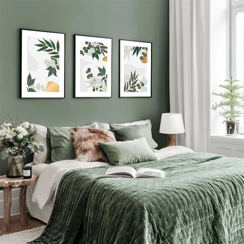 Абстрактный постер с золотыми листьями Картина на холсте зелеными и цветами