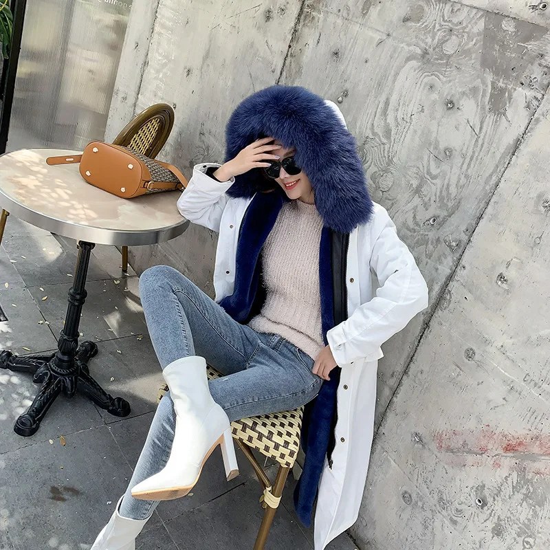 white with blue fur Новинка года; модное зимнее пальто с мехом для женщин и девочек парка с капюшоном из искусственного кроличьего меха утепленная верхняя одежда - Цвет: white with blue fur