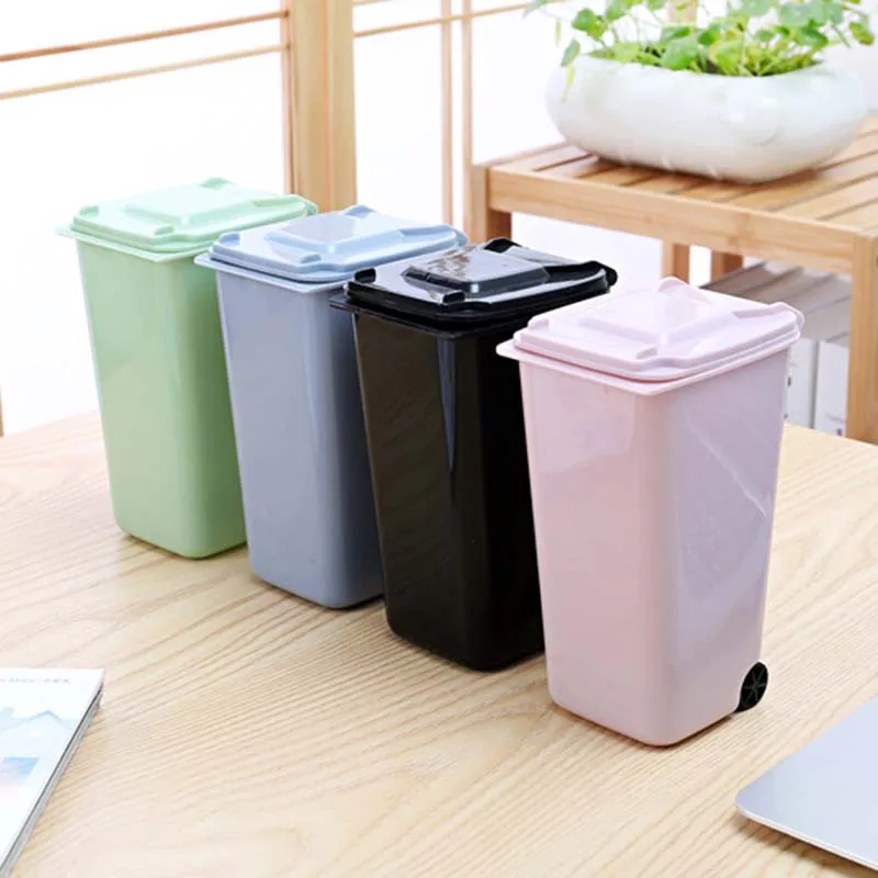 

Mini Plastic Creative Desktop Waste Bins with Lid Trash Can Household Clean Trash Desk Wheelie Dustbin Waste Bin for Home Office