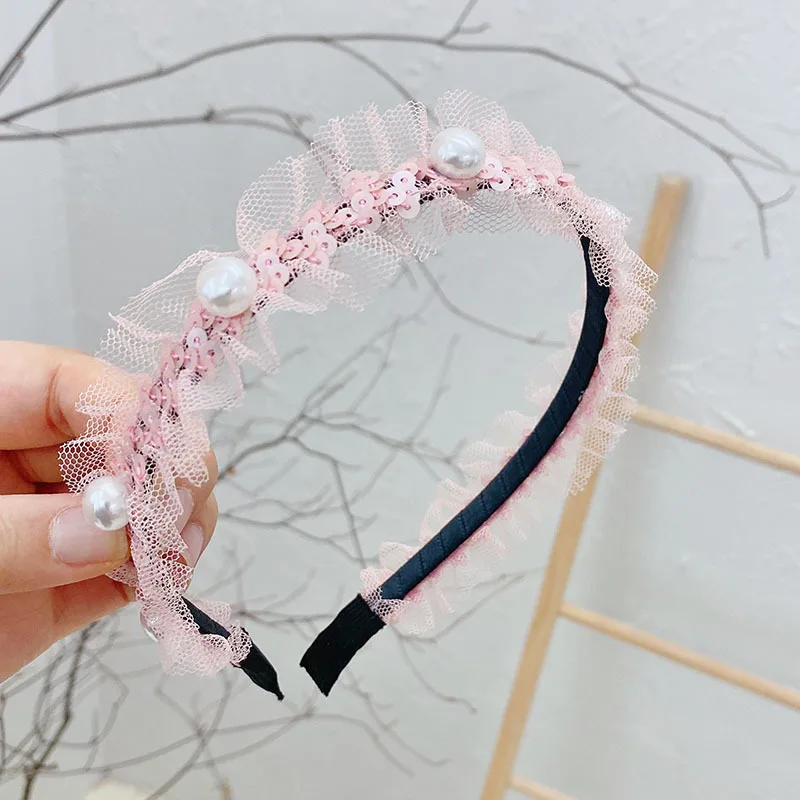 

New Lace Sequins with Netting Headband Pearl Beads Hairband Head Band for Girls Hair Accessories Thin Striped Hair Hoop Headwear