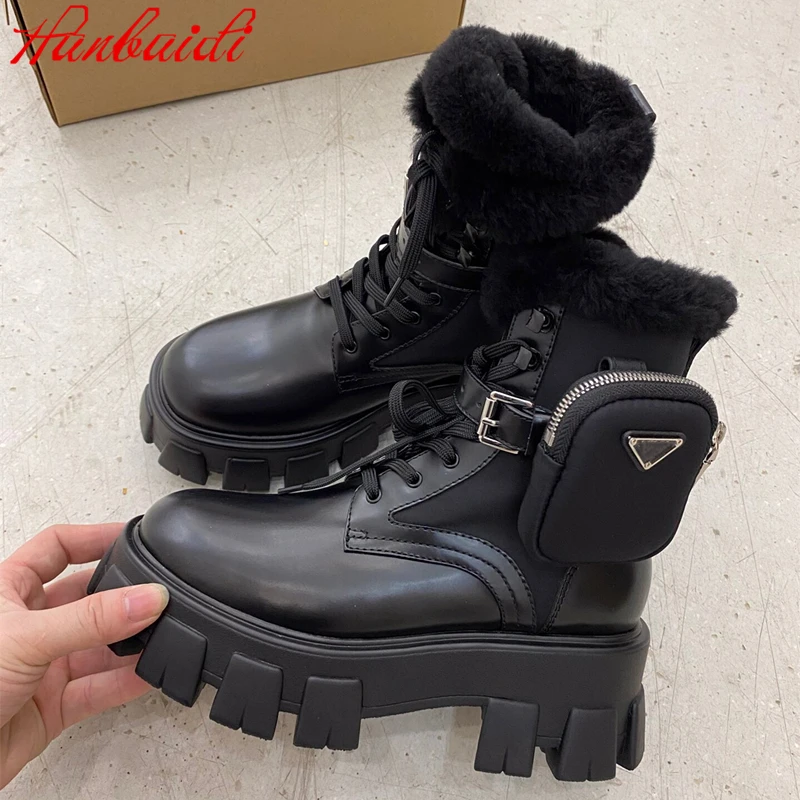 

Women Ankle Boots Genuine Leather Warm Fur Women Short Boots Fashion Pocket Lave Up Platfrom Wedges Martin Boots Shoes Women