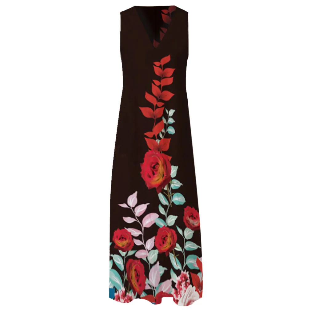

40# Sleeveless Floral Printed Maxi Dress Bohemian Pockets Long Tank Dress Slim V-neck Big Swing Summer Dress Elegant Robe Femme