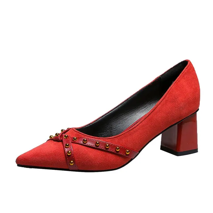 

Square Heel High Heels Fashion Pointed Red Bride Wedding Shoes Simple Elegant Women's Shoes Sexy Rivets Pumps Party Single Shoes