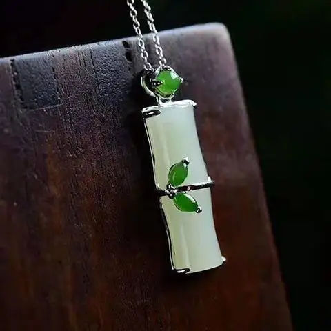 

Natural Hetian Jade White Jade Green Leaf Bamboo S925 Sterling Silver Pendant Festival High Jade Jade Pendant Vintage Silver Jew