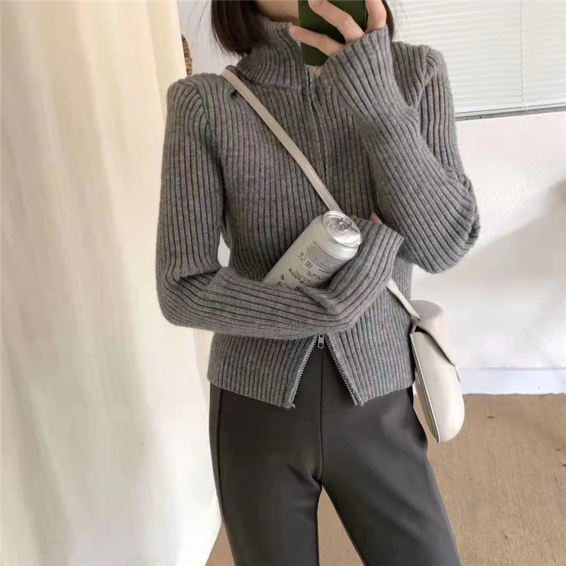 

Women's Sweaters Short Cardigans Spring Autumn 2021 New Zipper Knitted Wild Korean Style Elegant Ladies Tops